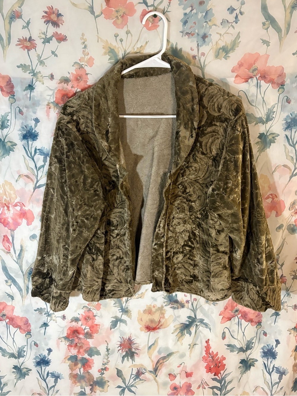 Vintage Olive Green/Beige Velvet Open Front Jacket